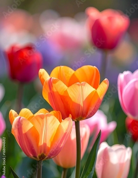 Fototapeta Vibrant tulips in a garden display a spectrum of peach, orange, and pink blossoms, bathed in warm sunlight.