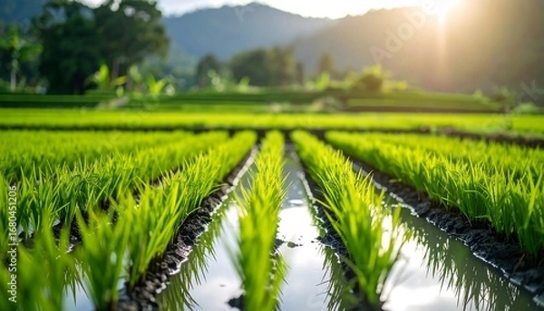 Fototapeta Lush green rice paddy fields reflecting sunlight, stretching towards a sun-drenched mountain range