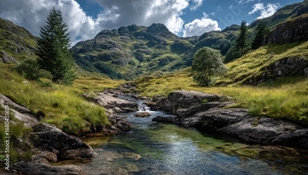 Fototapeta Mountain stream winds through verdant valley