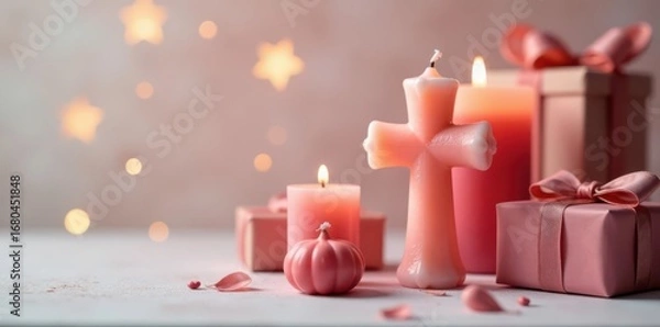 Fototapeta Cross-shaped candle, wrapped gifts, soft light background , green, illustration, xmas