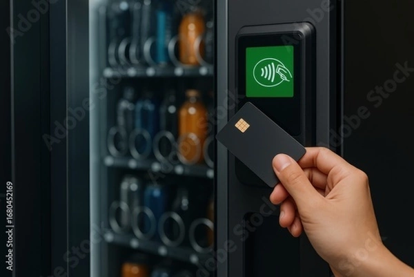 Fototapeta touchless invention concept. A hand using a card near a vending machine display.
