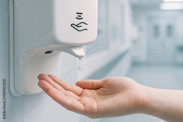 Fototapeta touchless invention concept. Hand receiving soap from a dispenser in a clean environment.