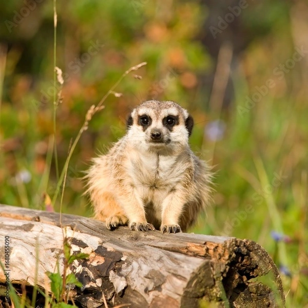 Fototapeta A meerkat sits attentively on a weathered log, its gaze directed forward in a captivating wildlife image.