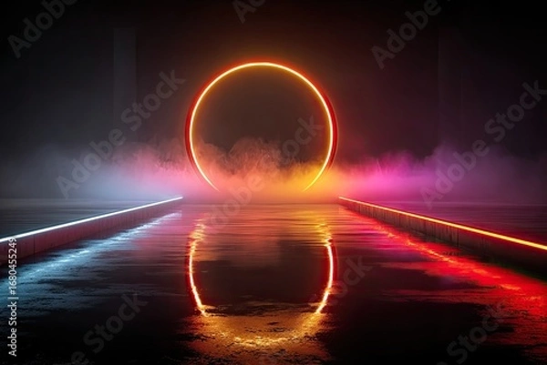 Fototapeta Neon ring, colorful light, smoky stage