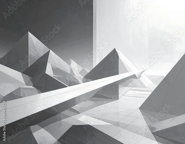 Fototapeta A grayscale architectural landscape showcases geometric pyramids and angular structures, with a long, flowing bridge connecting the peaks.