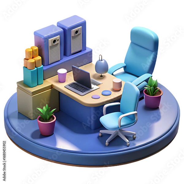 Fototapeta Charming isometric office desk setup with computer chair plants and storage isolated on transparent background
