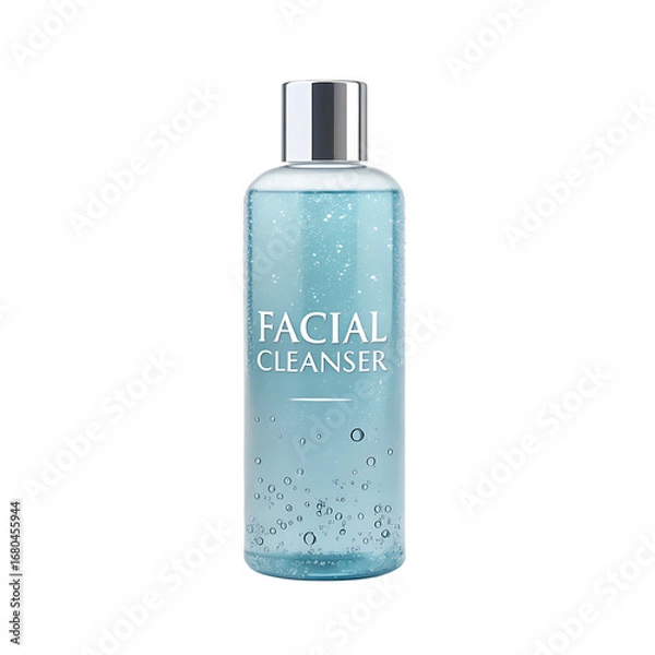 Fototapeta Clear blue facial cleanser bottle with silver cap isolated on transparent background for skincare and beauty product imagery