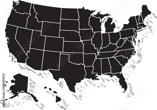 Fototapeta USA map with states isolated on a white background. United States of America map. AI-Generated Vector 