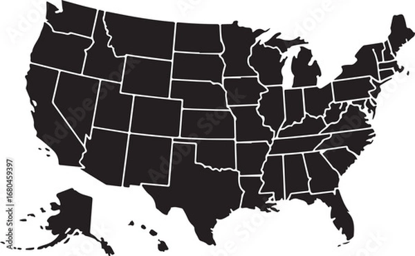 Fototapeta USA map with states isolated on a white background. United States of America map. AI-Generated Vector 