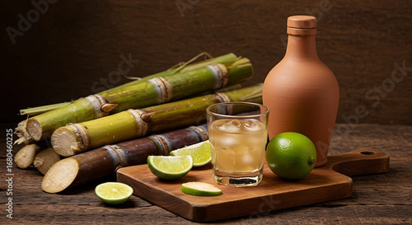 Fototapeta A rustic still-life of Brazilian cachaça in a short glass with sugarcane stalks on the side, lime wedges, and wooden cutting board. A clay bottle of cachaça completes the composition.