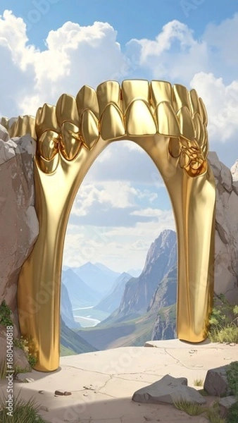 Obraz A golden archway carved from teeth, framed by broken stone, offers a breathtaking vista of a mountain valley.