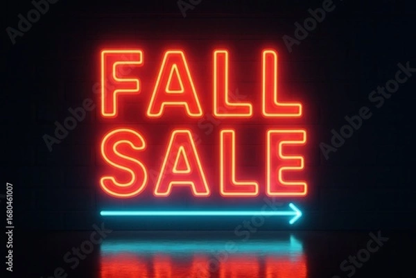 Fototapeta Neon banner featuring FALL SALE offer with glowing text, vibrant retail discount promotion.