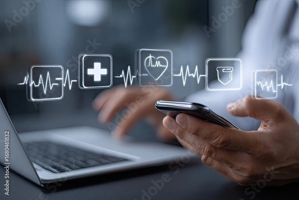Obraz Close-up of a person using a laptop and smartphone, with medical icons overlaid