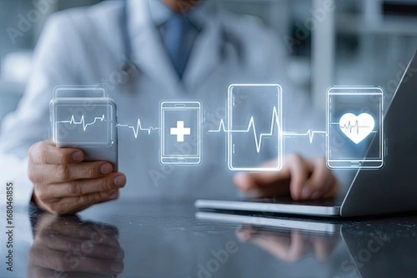 Obraz Doctor using mobile devices with medical icons superimposed