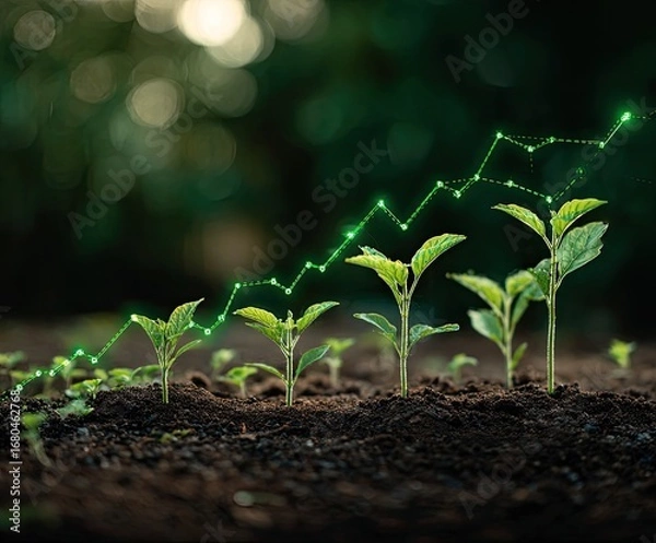 Obraz Growing plants with a rising green line graph, showing growth