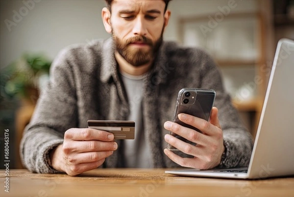 Obraz Man online shopping with credit card and phone