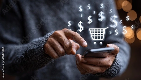 Obraz Hands holding phone, shopping cart icon, dollar signs overlay