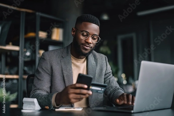 Obraz Man in business attire using laptop and phone for online payment