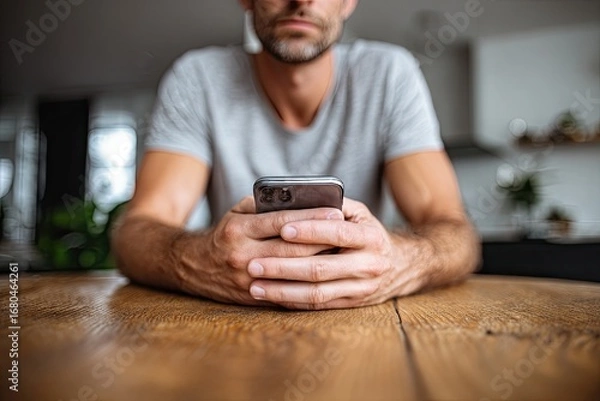 Obraz Close-up of a man seated at a wooden table, looking at his smartphone