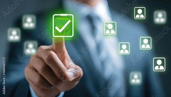 Obraz Businessperson touches a glowing green checkmark, surrounded by digital profile icons