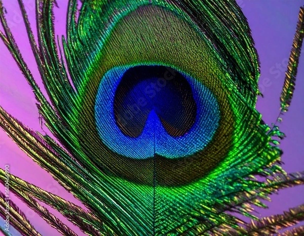 Fototapeta A close-up view of a peacock feather, showcasing its vibrant and intricate patterns of blues, greens, and golds against a soft, muted pink backdrop.