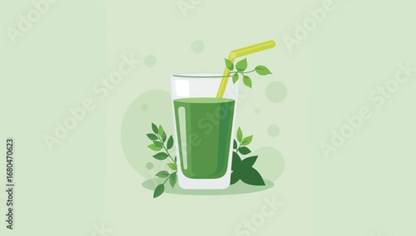 Fototapeta Refreshing Green Smoothie in a Glass with Leafy Embellishments and Straw