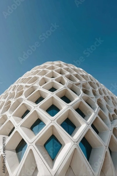 Fototapeta Modern, light-beige building facade, patterned with diamond-shaped holes, against a clear blue sky