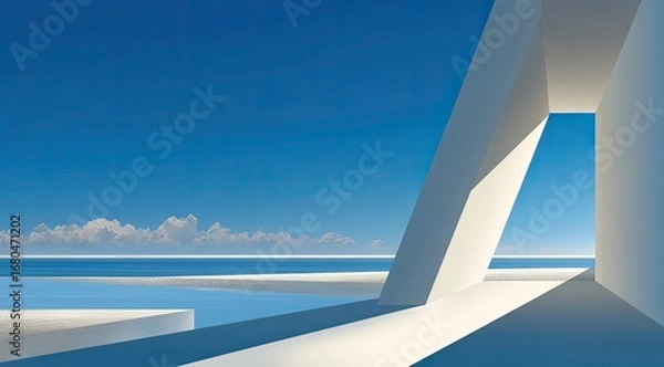 Fototapeta White architectural structure overlooking a tranquil ocean