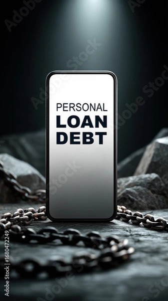 Fototapeta Personal loan debt displayed on smartphone screen with heavy chain on dark stone background symbolizing financial burden debt concept