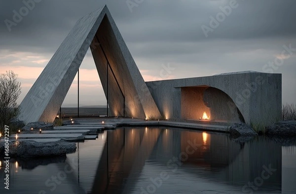 Fototapeta Modern concrete structure by water, fire, twilight