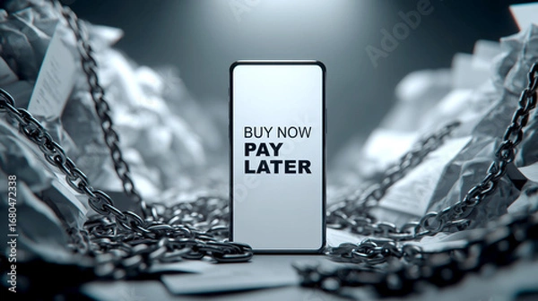 Fototapeta Buy now pay later message on smartphone surrounded by chain and paper symbolizing debt and financial stress debt concept