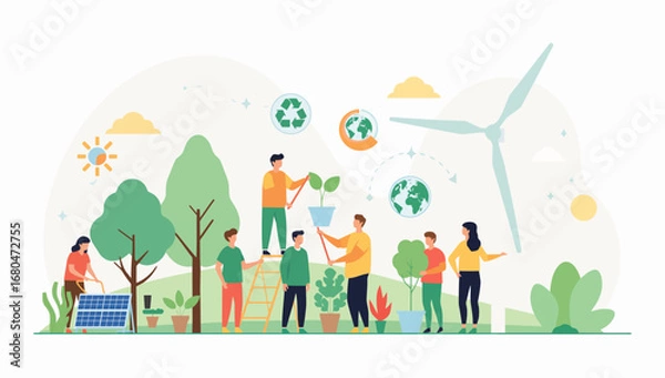 Fototapeta Collaborative Environmental Efforts Depicted with Solar, Wind, and Planting Activities