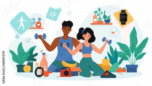 Fototapeta Diverse couple exercising with dumbbells surrounded by healthy lifestyle elements
