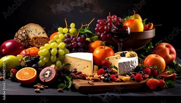 Obraz A colorful array of cheeses, fruits, and grapes, presented on a dark surface with a wine glass.