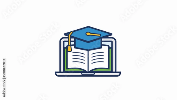 Fototapeta Online Graduation Ceremony Icon with Open Book and Cap