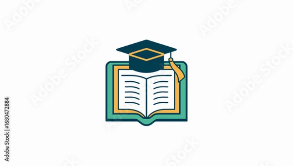 Fototapeta Stylized graduation cap atop an open book with teal and gold accents