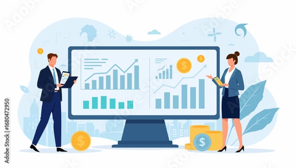 Fototapeta Business professionals analyzing financial data on a large screen with dollar coins