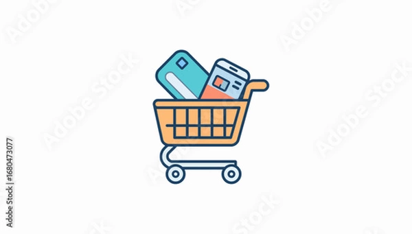 Fototapeta Shopping cart filled with credit card and smartphone, online purchase concept