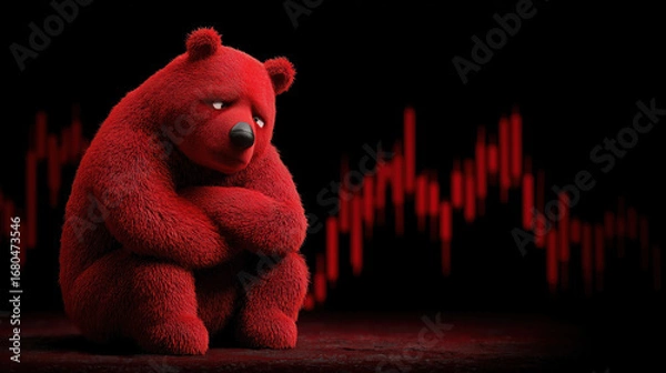 Fototapeta Sad red bear sitting with arms crossed, stock market graph in background, symbolizing financial loss, bearish trend, and emotional impact