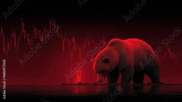 Fototapeta Red bear standing near water with red candlestick stock graph background, symbolizing bearish market trend and financial downturn
