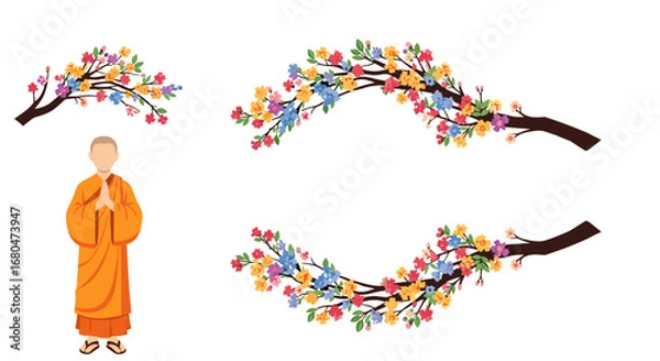 Obraz Monk meditating surrounded by delicate blossoming tree branches in full spring bloom