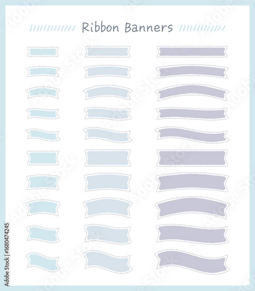 Obraz 点線の枠とブルー系パステルカラーのゆるい塗りのリボンバナーセット