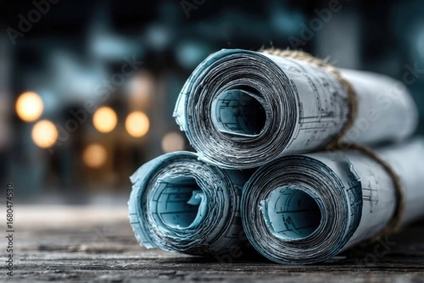 Obraz Rolled blueprints rest on a rustic table