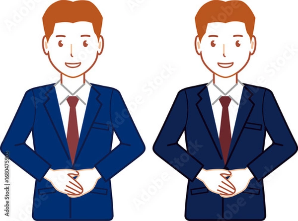 Fototapeta ネイビースーツ、ベリーショートの手を前で重ねる若い男性