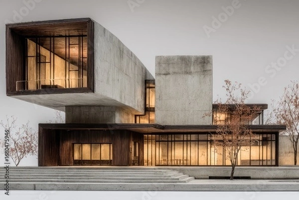 Obraz Modern concrete house with layered forms, warm interior light, and minimalist landscaping