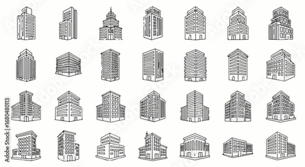 Fototapeta Vector icon set of office buildings, modern skyscrapers, small corporate towers, business centers, coworking spaces, and minimalist office blocks