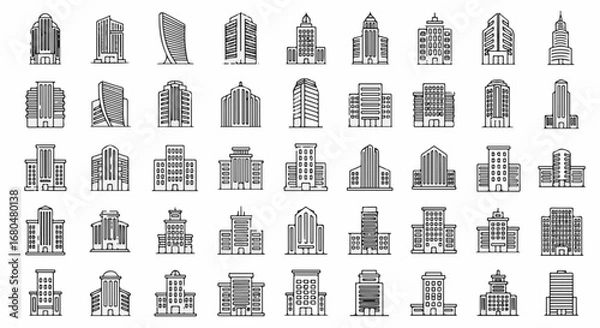 Fototapeta Vector icon set of office buildings, modern skyscrapers, small corporate towers, business centers, coworking spaces, and minimalist office blocks