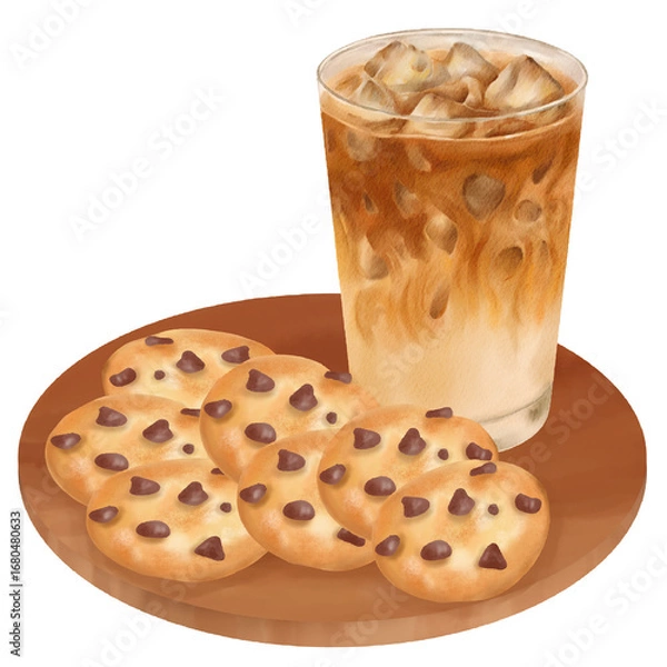 Fototapeta Illustration of Iced Latte and Chocolate Chip Cookies