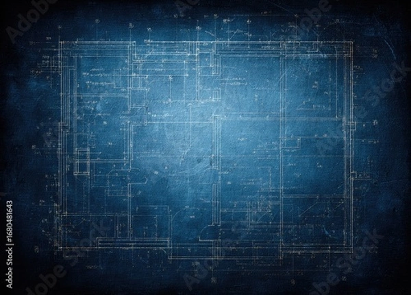 Fototapeta Architectural blueprint on textured blue background, aged appearance