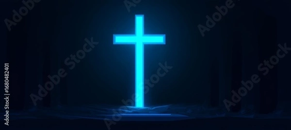Obraz Glowing blue Jesus Cross on dark. Generative AI technology.	
